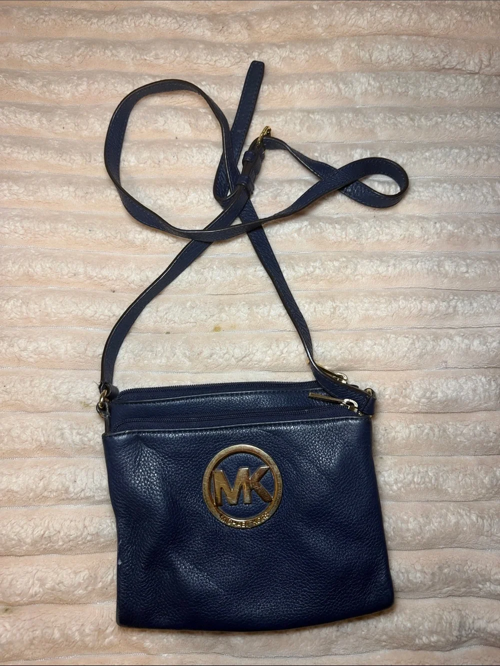Michael Kors Navy Pebbled Leather Crossbody with Gold MK Emblem